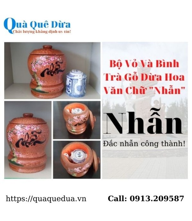 Bình Trà Gỗ Dừa Hoa Văn Lồng Chữ Nhẫn Và Bình Trà 700 - 950ml