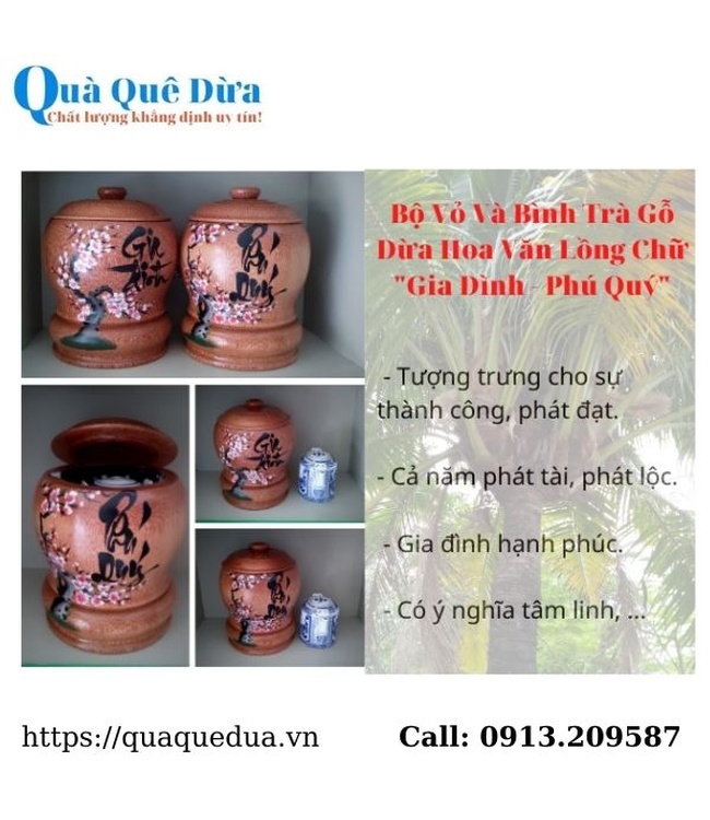 Bình Trà Gỗ Dừa Hoa Văn Lồng Chữ Gia Đình Và Bình Trà 700 - 950ml