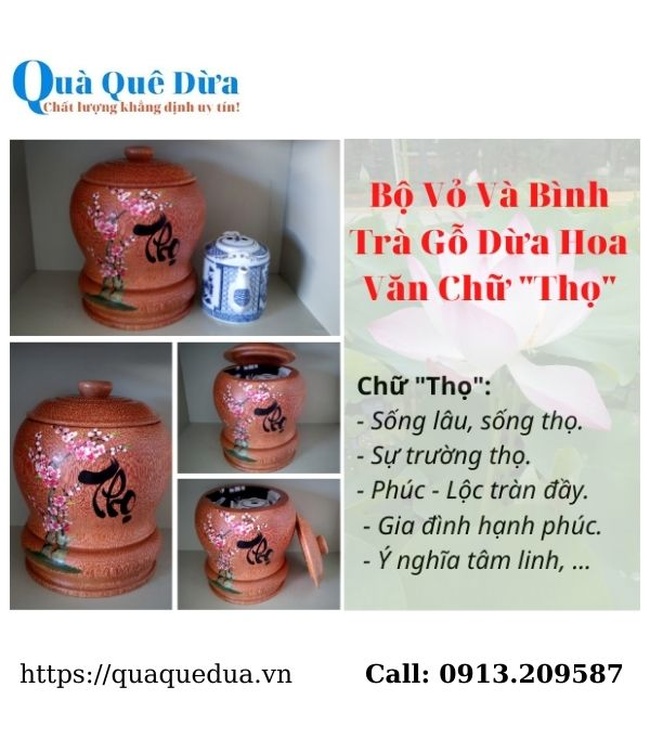 Bình Trà Gỗ Dừa Hoa Văn Lồng Chữ Thọ Và Bình Trà 700 - 950ml